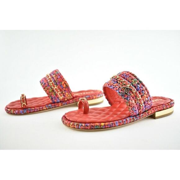Chanel 20S Red Blue Purple Raffia Tweed CC Logo Mule Slide Strap Flat Sandal 36 - Picture 10 of 12